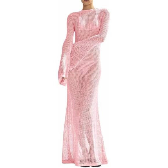 Womens Crochet Cover Ups Long Sleeve Sexy Mesh Pink